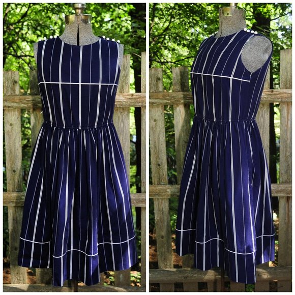 VTG Navy Blue & White Cotton Sleeveless Dress S/M - Picture 4 of 12